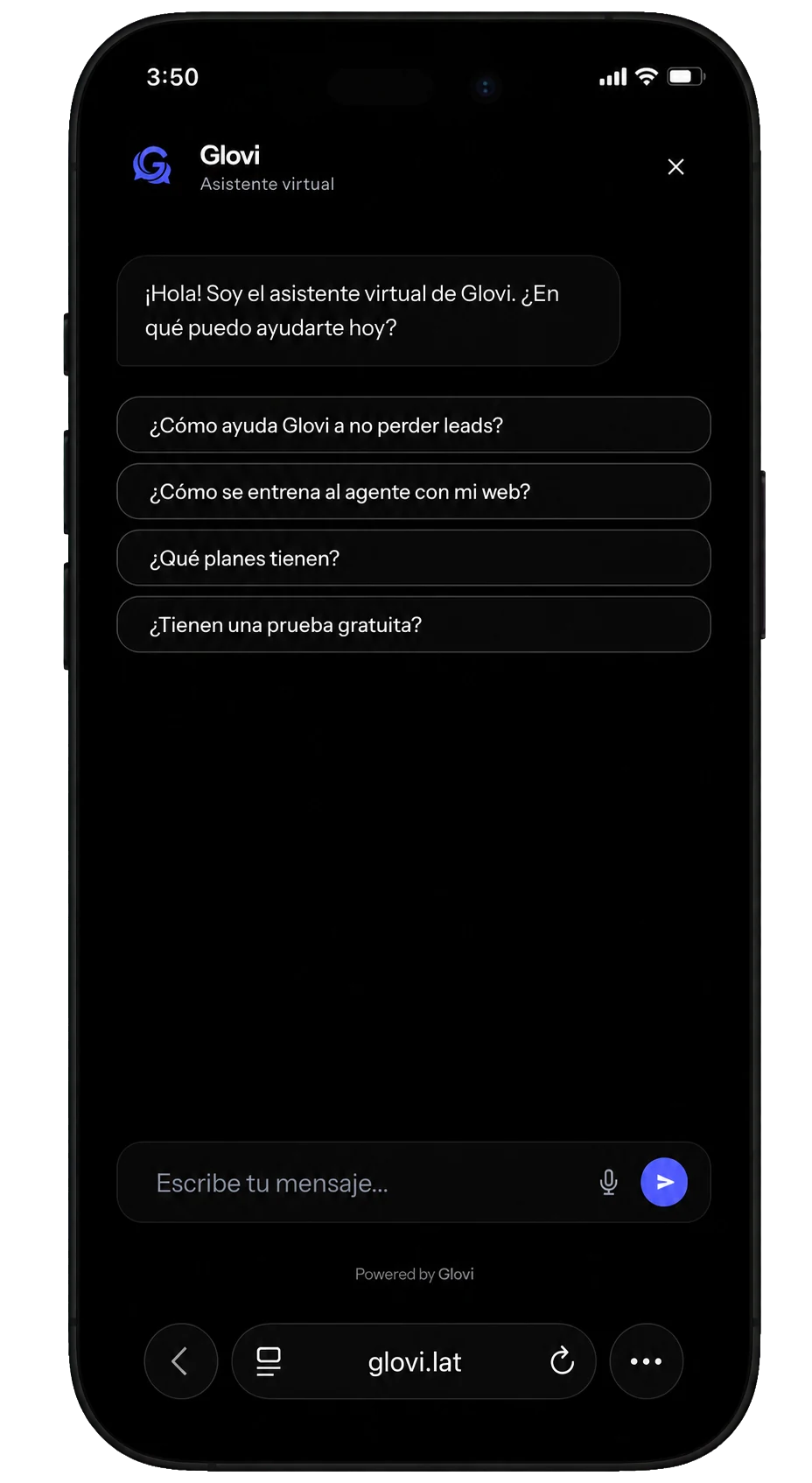Widget de Glovi abierto en un teléfono móvil